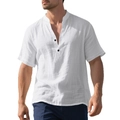 Chemise homme blanche en lin à manches courtes avec col officier et boutons noirs - S / Hauts / Blanc