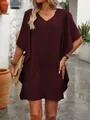 Lockeres burgunderrotes Kleid mit V-Ausschnitt und Rüschenärmeln für den Sommerurlaub - S / Dunkelrot