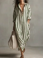 Detail of green and white striped cotton maxi dress with lapel collar and V-neckline - Green
