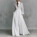 Elegante abito lungo bianco a maniche lunghe con pieghe e vita alta valorizzata - Bianco
