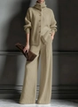 Detailed texture of beige knit set featuring vertical ribs and elegant buttons - XS / Top And Bottom / Khaki