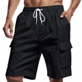 Men's black cargo shorts with elastic drawstring waist and large side flap pockets - S / Bottoms / Black