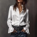 Elegante camisa de satén blanco con mangas largas, puños con volantes y cuello alto - S / Blanco