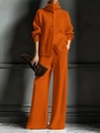 Detail of orange ribbed knit two-piece set featuring high neck cardigan and wide-leg trousers - XS / Top And Bottom / Orange Red