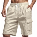 Men's breathable beige cargo shorts with elastic waist and side flap pockets - S / Bottoms / Khaki