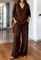Detail shot of the breathable brown linen fabric texture on a two-piece casual women's set - S / Top And Bottom / Dark Brown
