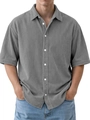 Detail of grey corduroy short sleeve polo shirt with white buttons and lapel - S / Tops / Gray