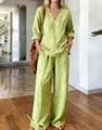 Detail of light green V-neck long sleeve top and wide leg pants in linen blend fabric - S / Light Green