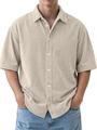 Close-up of beige corduroy fabric texture on a casual men's short sleeve polo shirt - S / Tops / Apricot