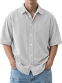 Detail view of light grey corduroy short sleeve shirt with vertical texture and buttons - S / Tops / White