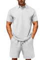 Men's summer white two-piece polo set with textured jacquard knit pattern - S / Top And Bottom / White