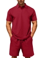 Men's dark red casual set featuring diamond jacquard polo shirt and drawstring shorts - S / Burgundy