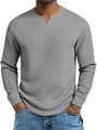 Close-up of grey waffle knit fabric texture on men's slim fit V-neck long sleeve shirt - S / Gray