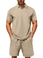 Men's summer casual two-piece polo and shorts set in beige with textured weave - S / Khaki