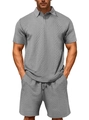 Men's casual summer polo set in grey knit jacquard with matching shorts and texture - S / Light Gray