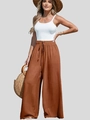 Pantaloni a gamba larga in cotone e lino da donna con coulisse a vita alta e canotta bianca - S / Caramello