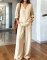 Chic beige cotton linen two-piece set featuring V-neck top and high waist wide leg pants - S / Apricot
