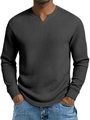 Detail of men's dark grey waffle knit long sleeve shirt showing fabric texture and V-neckline - 4XL / Black