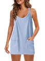 Women's light blue sleeveless V-neck romper featuring practical dual front square pockets - Light Blue