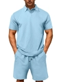 Men's summer light blue polo shirt and shorts set with diamond weave texture - S / Light Blue