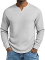 Close-up of light grey waffle knit long sleeve top with a V-neck Henley neckline - S / White