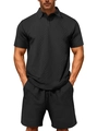 Men's summer black waffle knit polo shirt and drawstring shorts two-piece casual set - S / Black