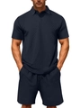 Navy blue men's summer two-piece polo set with textured jacquard waffle knit fabric - S / Navy Blue