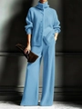 Elegant light blue knit two-piece set featuring a high neck cardigan and wide-leg pants - XS / Top And Bottom / Light Blue