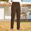 Detailed view of brown corduroy trousers showing elastic waistband and large pockets - S / Bottoms / Dark Brown