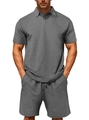 Men's two-piece polo set in grey with textured diamond knit pattern and drawstring shorts - S / Marl Grey
