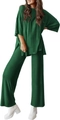 Detail of dark green two-piece lounge set showing the soft knit texture and side slit hem - S / Top And Bottom / Dark Green