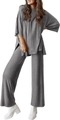 Detail of army green casual knit pajama set with round neck top and side slit pants - S / Gray