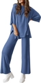 Detail view of navy blue loungewear set with soft knit fabric and side pockets - S / Blue