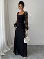 Detail of square neckline with pleated bust and sheer floral lace long sleeves on black dress - S / Black