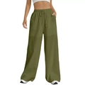Close-up of olive green high-waisted wide-leg trousers with drawstring and patch pockets - S / Army Green