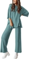 Detail of teal lounge set showing loose fit crew neck long sleeve top and wide leg pants - S / Malachite green