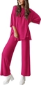 Detail view of rose red loungewear set featuring a crewneck top and wide-leg trousers - S / Rose Red