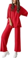 Detail view of the loose red crew neck t-shirt with side slit and wide leg pants set - S / Red