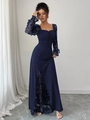 Detailed view of the 3D floral lace appliques and mesh sleeves on this navy evening gown - S / Navy Blue