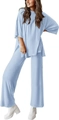 Detail of light blue oversized lounge set with side slit top and high-waisted wide-leg pants - S / Light Blue
