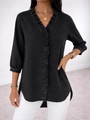 Detail of V-neck ruffle trim on washed black denim shirt with three-quarter sleeves - S / Black