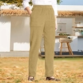 Detail of khaki corduroy pants showing elastic high waist and large front pockets - S / Bottoms / Khaki