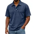 Detailed view of men's vintage washed cotton polo shirt with white buttons and collar - S / Dark Blue