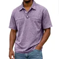 Close-up of vintage washed purple cotton polo shirt with white buttons and seam detail - S / Purple