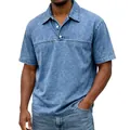 Detailed view of denim washed cotton texture and button collar on a men's polo shirt - S / Blue