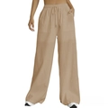 Women's khaki high-waisted wide leg trousers with drawstring waist and large front pockets - S / Camel