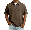 Detail of a brown half-zip polo shirt with heavy-weight washed cotton and raglan sleeves - Dark Brown