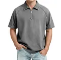 Detail of grey polo shirt with silver quarter zip and textured vintage washed fabric - Gray