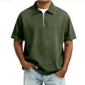 Detail of army green men's polo shirt with half-zip collar and raglan sleeve stitching - Army Green