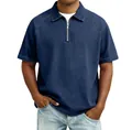Detailed close-up of blue denim polo shirt showing metal zipper and collar texture - Dark Blue